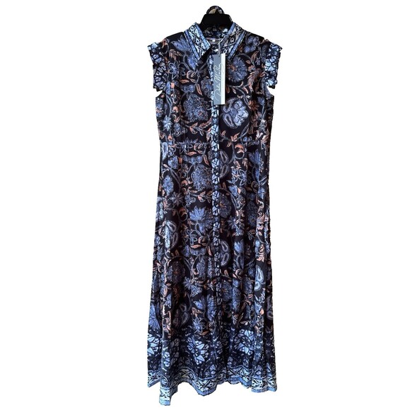 Dalia MacPhee women Belted Long Maxi Dress size Medium (4-6) Blue Floral Flutter - Picture 3 of 9